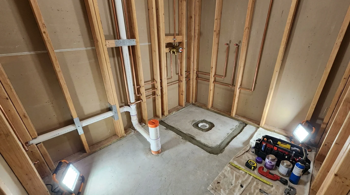 Bathroom rough-in plumbing during remodel by Johns Plumbing LLC in Kenvil
