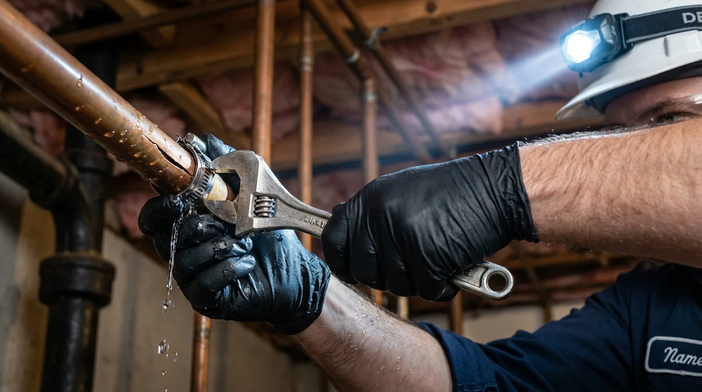 Emergency pipe clamp repair being performed by a Johns Plumbing LLC plumber in Kenvil