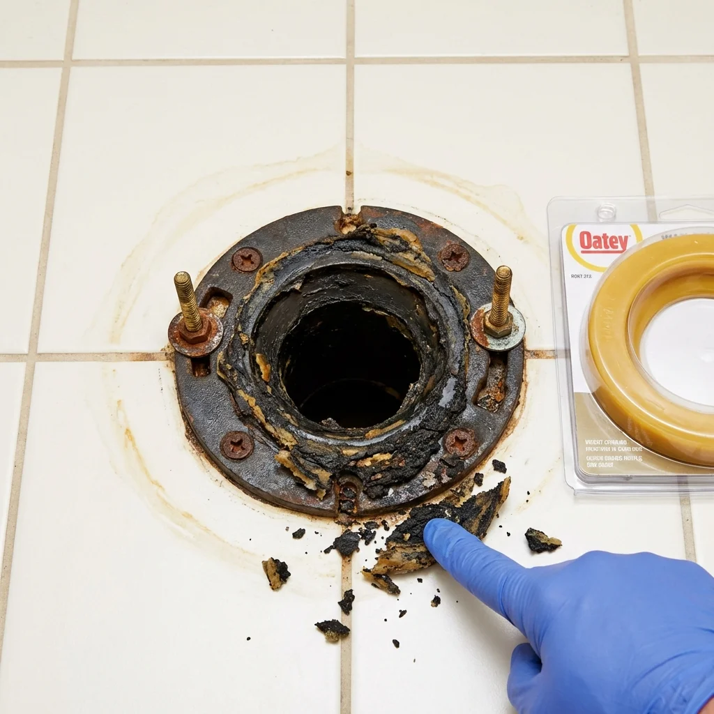 Failed wax ring showing water seepage at the base of a toilet in a Kenvil, NJ home