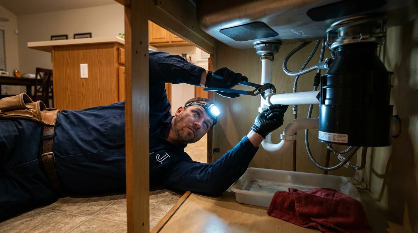 P-trap and supply line connections under a kitchen sink showing a common leak point in Kenvil, NJ